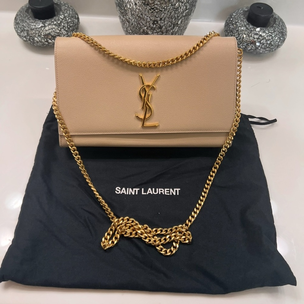 Saint Laurent Beige Clutch with Gold Chain